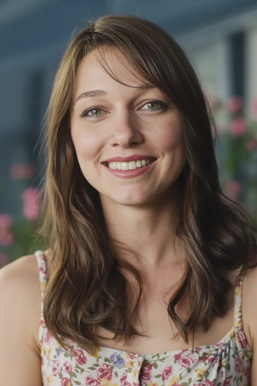 Portrait of author Melissa McAran outdoors, smiling, with soft floral background