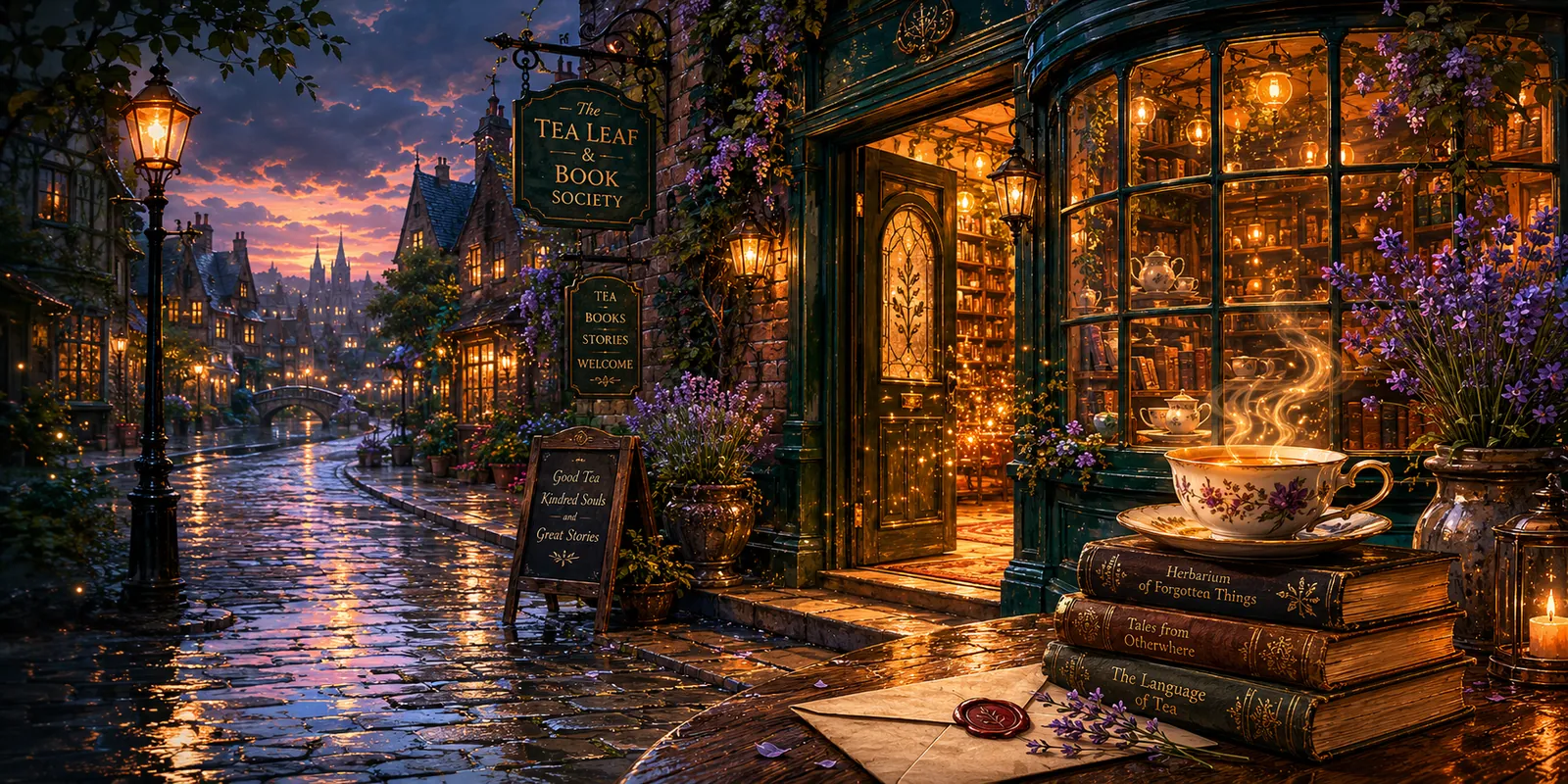 The Tea Leaf & Book Society — a glowing bookshop and tea room on a rainy twilight street in Willowmere